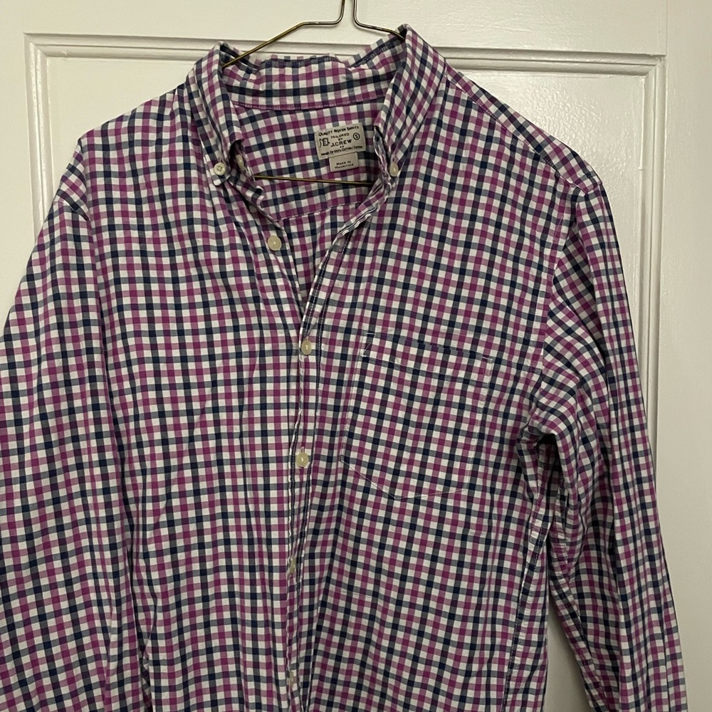 Gently used J crew woven button down size small purple and navy pattern